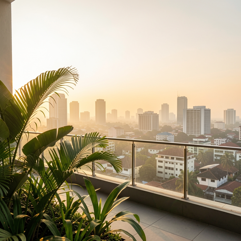 View from a Jakarta rooftop at golden hour with tropical foliage in the foreground and city buildings softened in warm haze