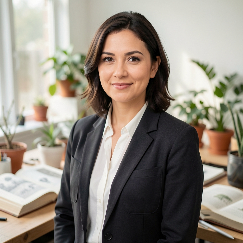 Editorial portrait of a woman in her thirties standing in a bright studio workspace surrounded by open reference books and plant specimens