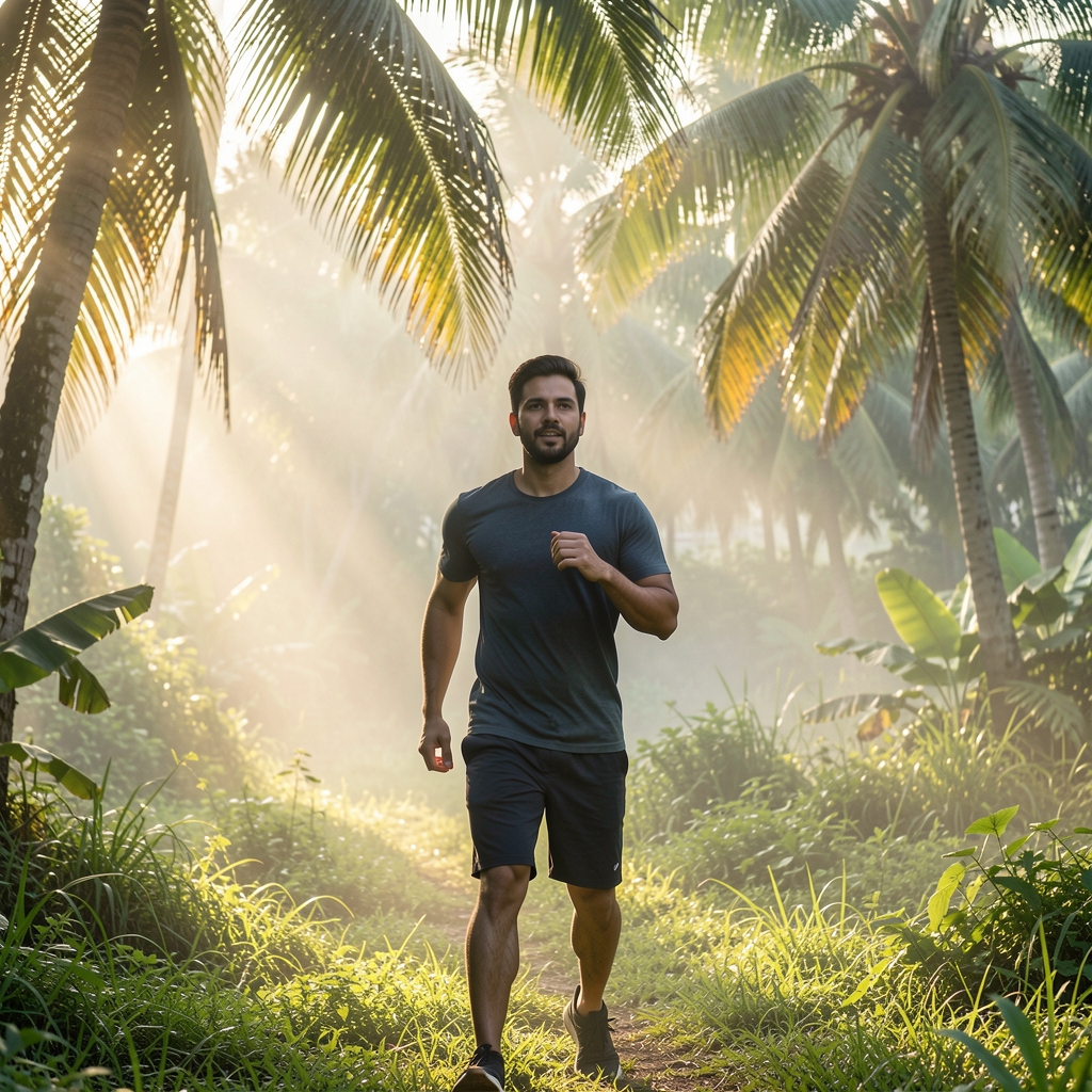 Active man outdoors at dawn in a tropical green landscape, morning mist, natural light filtering through palm canopy